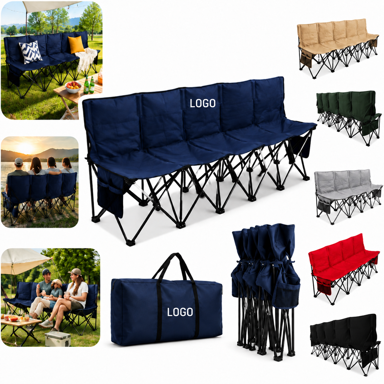 Six-Seat Steel Frame Foldable Bench with Backrest